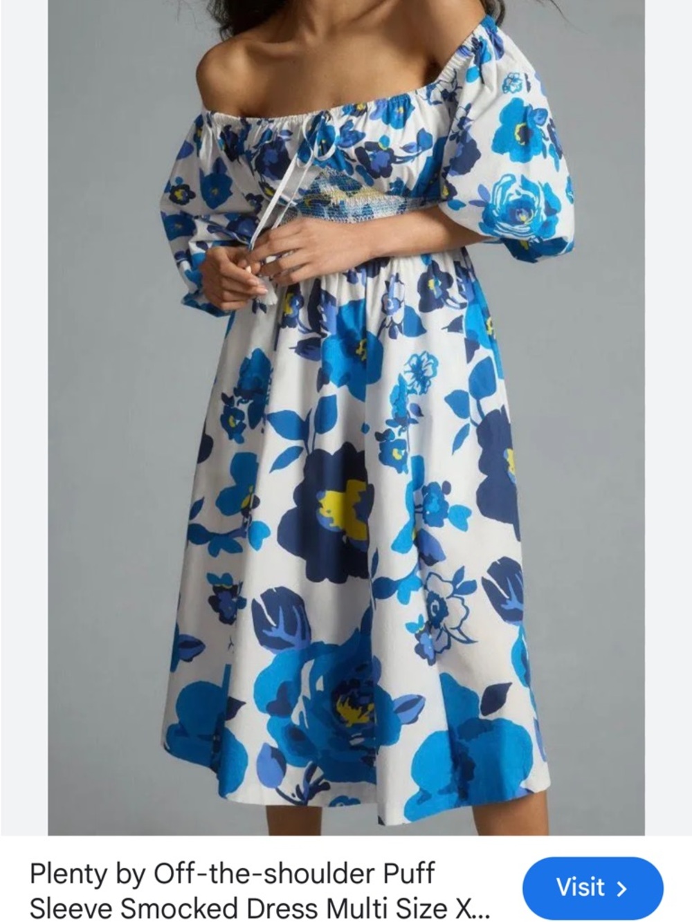 Tracy Reese Blue and White Floral Off-Shoulder Midi Dress